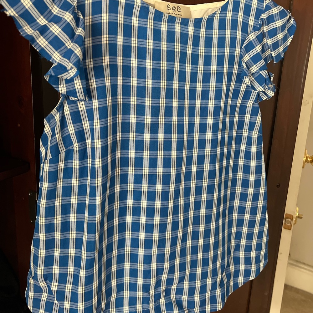 Blue and white checkered Top with frilly sleeves